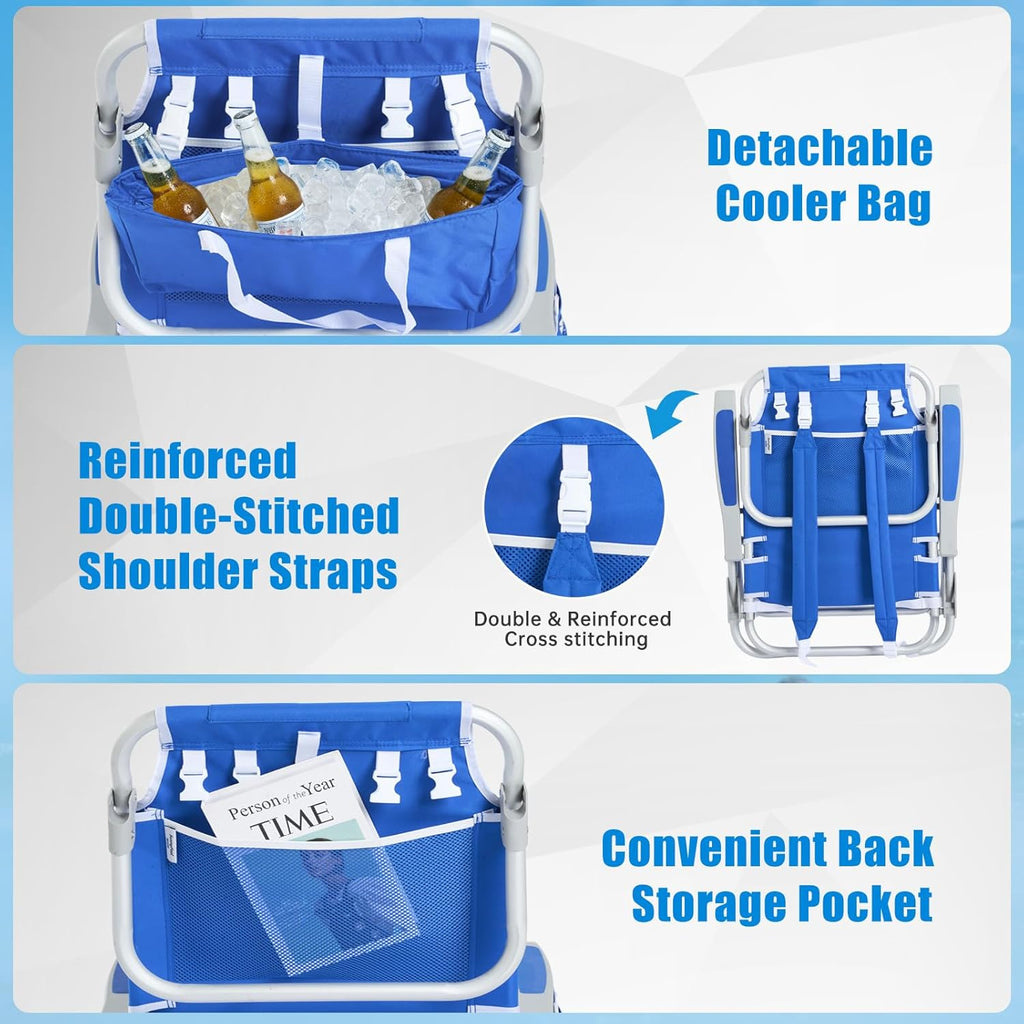 SUNNYFEEL Low Beach Chair, 5-Position Lay Flat Reclining Backpack Chair with Cooler Bag & Cup Holder, Portable Folding Beach Chair for Adults, Heavy Duty 350 LBS, Blue