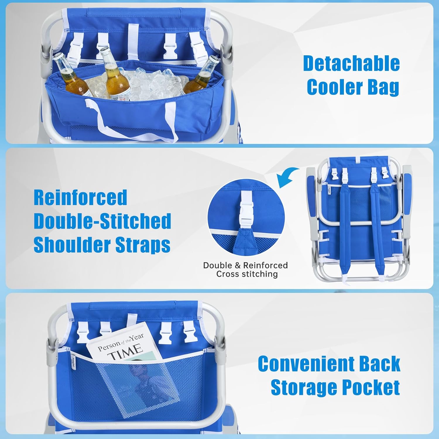 SUNNYFEEL Low Beach Chair, 5-Position Lay Flat Reclining Backpack Chair with Cooler Bag & Cup Holder, Portable Folding Beach Chair for Adults, Heavy Duty 350 LBS, Blue