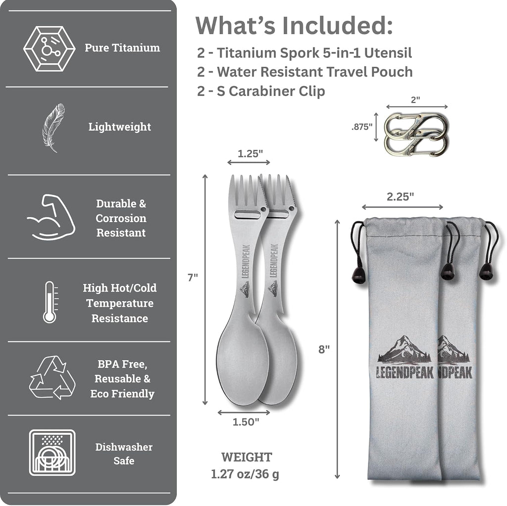 Titanium Spork 5-in-1 Camping Utensil Set 2-Pack – Ultralight Backpacking Silverware with Knife, Bottle Opener & Peeler, Includes Individual Travel Pouches & Carabiners