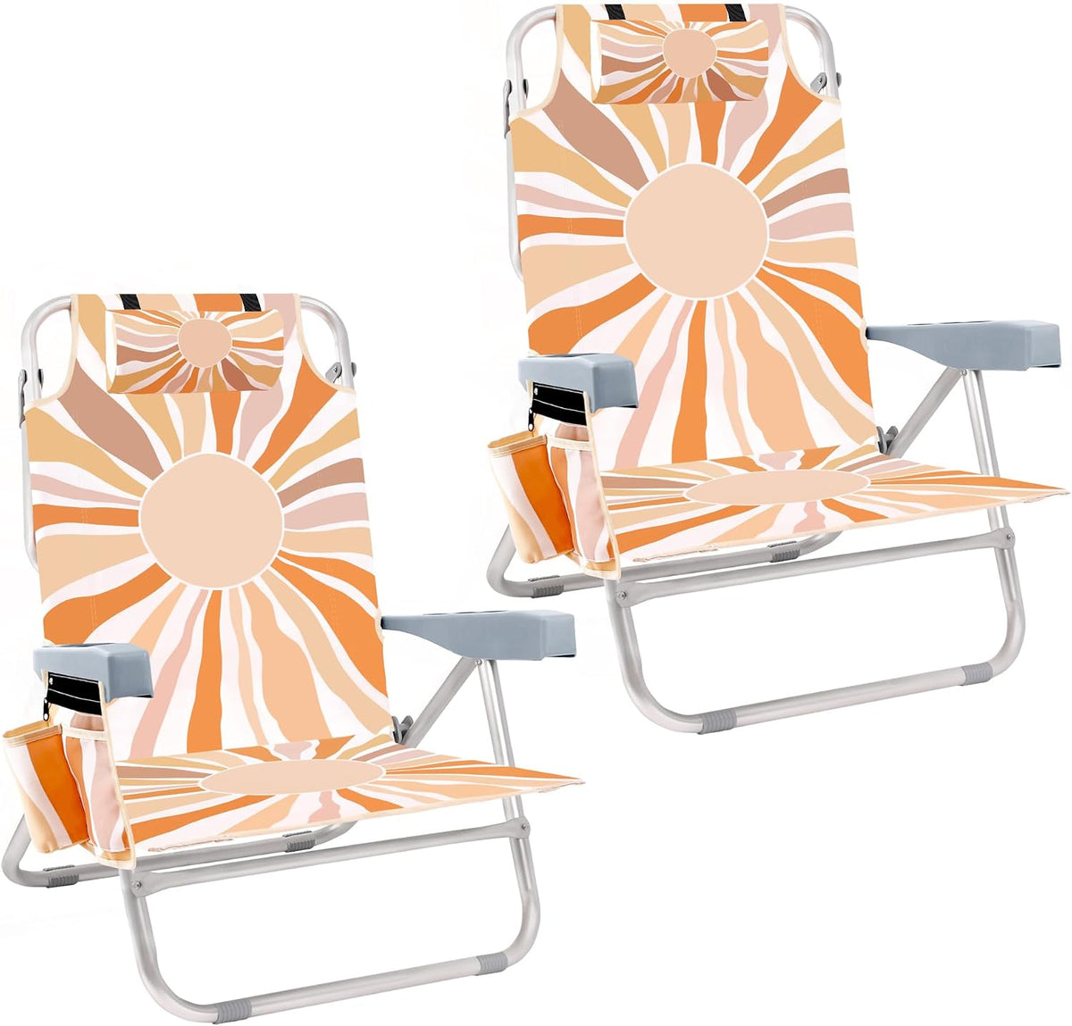 Boho Sun Beach Chairs for Adult, Folding Backpack Beach Chairs with Cooler-2 Pack