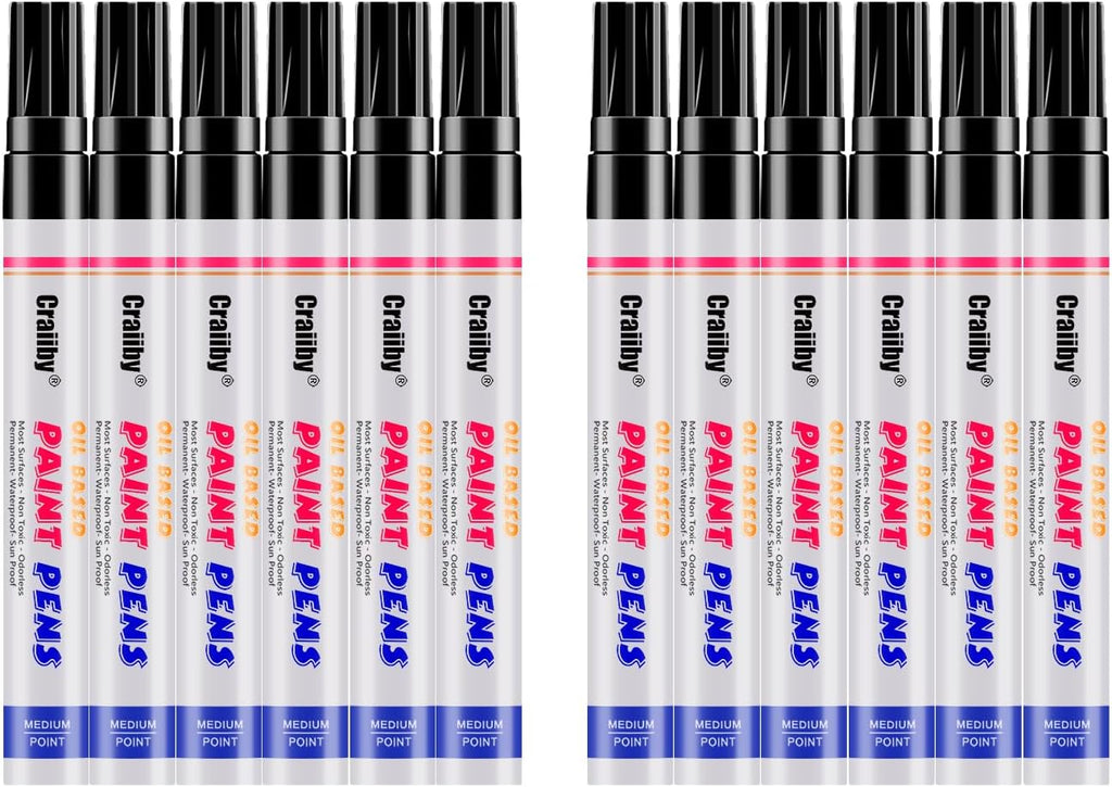 Black Paint Markers, 12 Pack Oil-Based Waterproof Quick Dry Permanent Paint Pen Set for Rocks Painting, Wood, Fabric, Plastic, Canvas, Glass, Mugs, Metal, Tire, Stone, DIY Craft