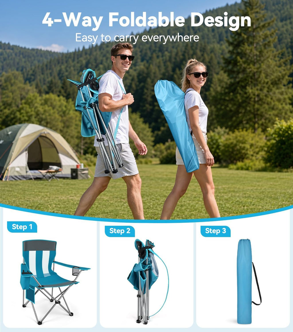 Camping Chair, Lightweight Folding Chair, 300lbs Capacity Outdoor Chair with Cooler Bag, Mesh Backrest, Cup Holder Pocket, Side Pocket, Portable Chair for Beach/Fishing/Tailgating/Sport Game（1Pcs)