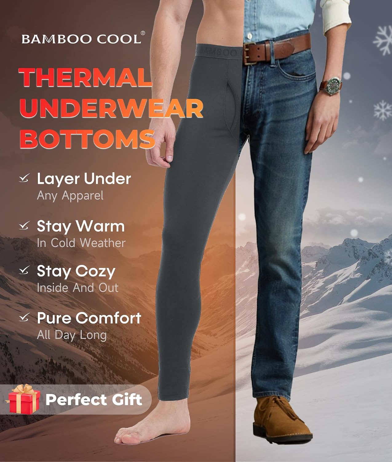 BAMBOO COOL Men's Thermal Underwear Lightweight Fleece Lined