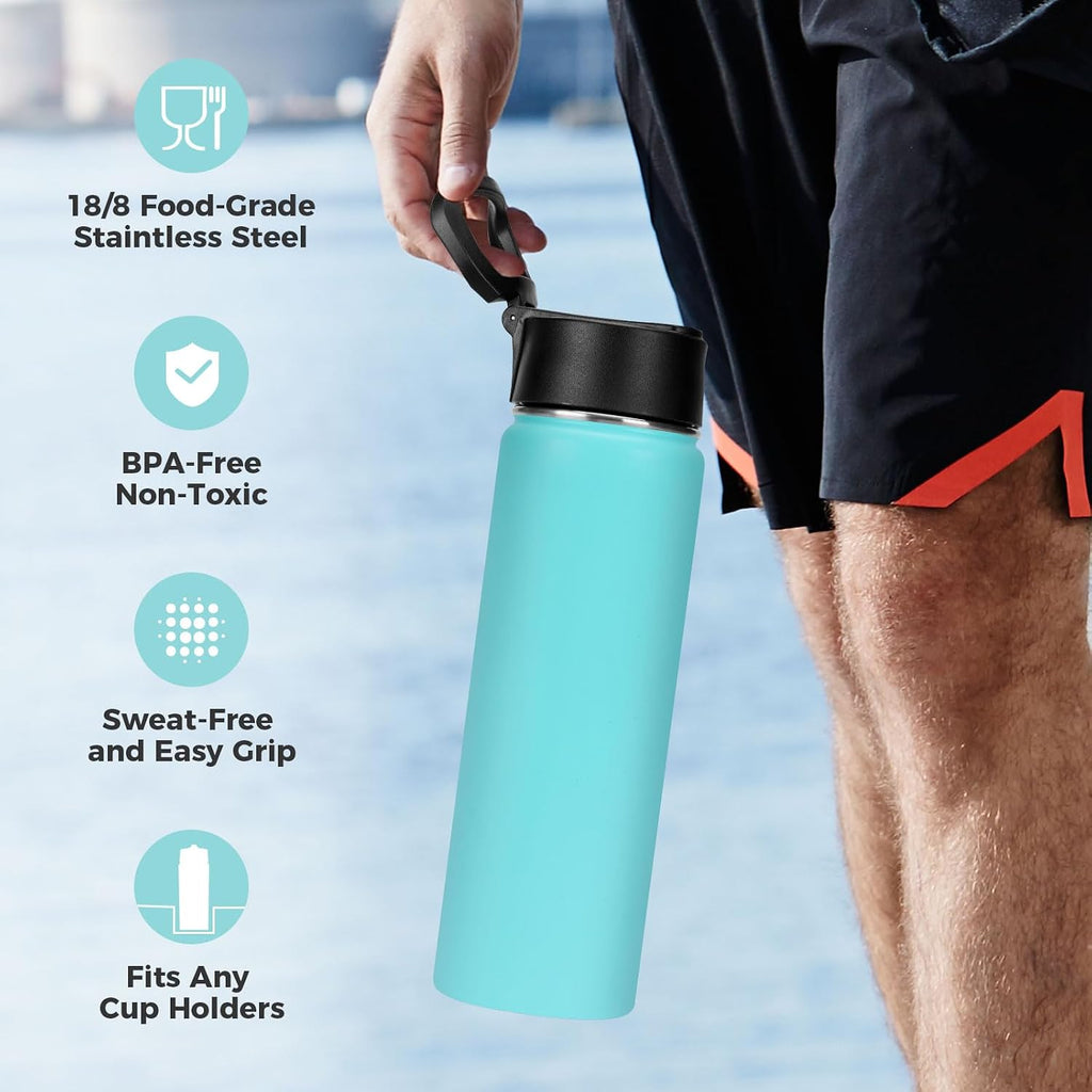 Neihepal 22 oz Insulated Water Bottles with Leak Proof Straw Lid, Wide Mouth Double Walled Vacuum Stainless Steel Metal Water Bottle (Mint,2 Pack)