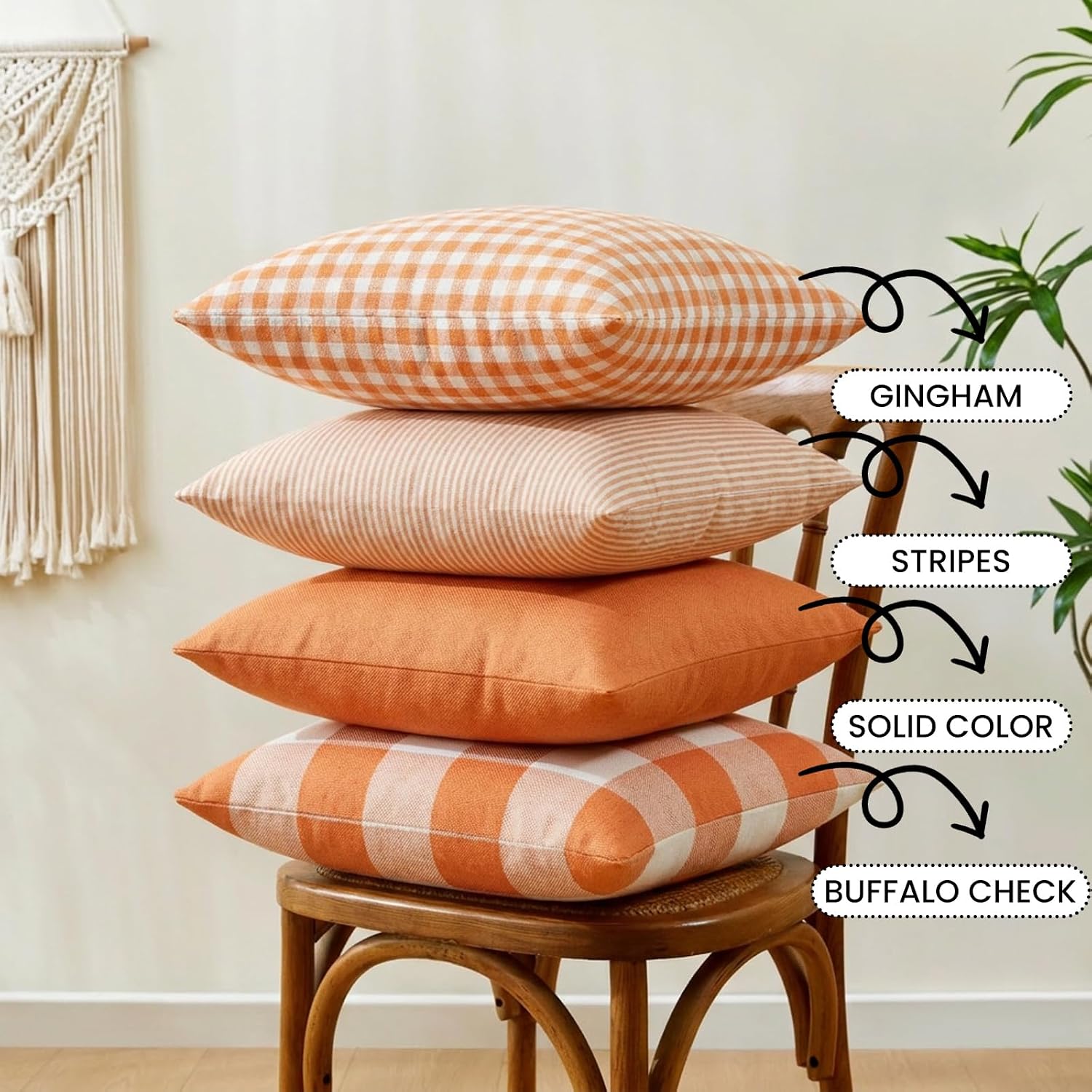 Burnt Orange Fall Plaid Outdoor Porch Pillow Covers 18x18 Set of 4 | Thanksgiving Autumn Pillow Covers 18 x 18, Cojines De Otoño Para Sala, Aesthetic Fall Room Decor, Fall Patio Outdoor Pillow