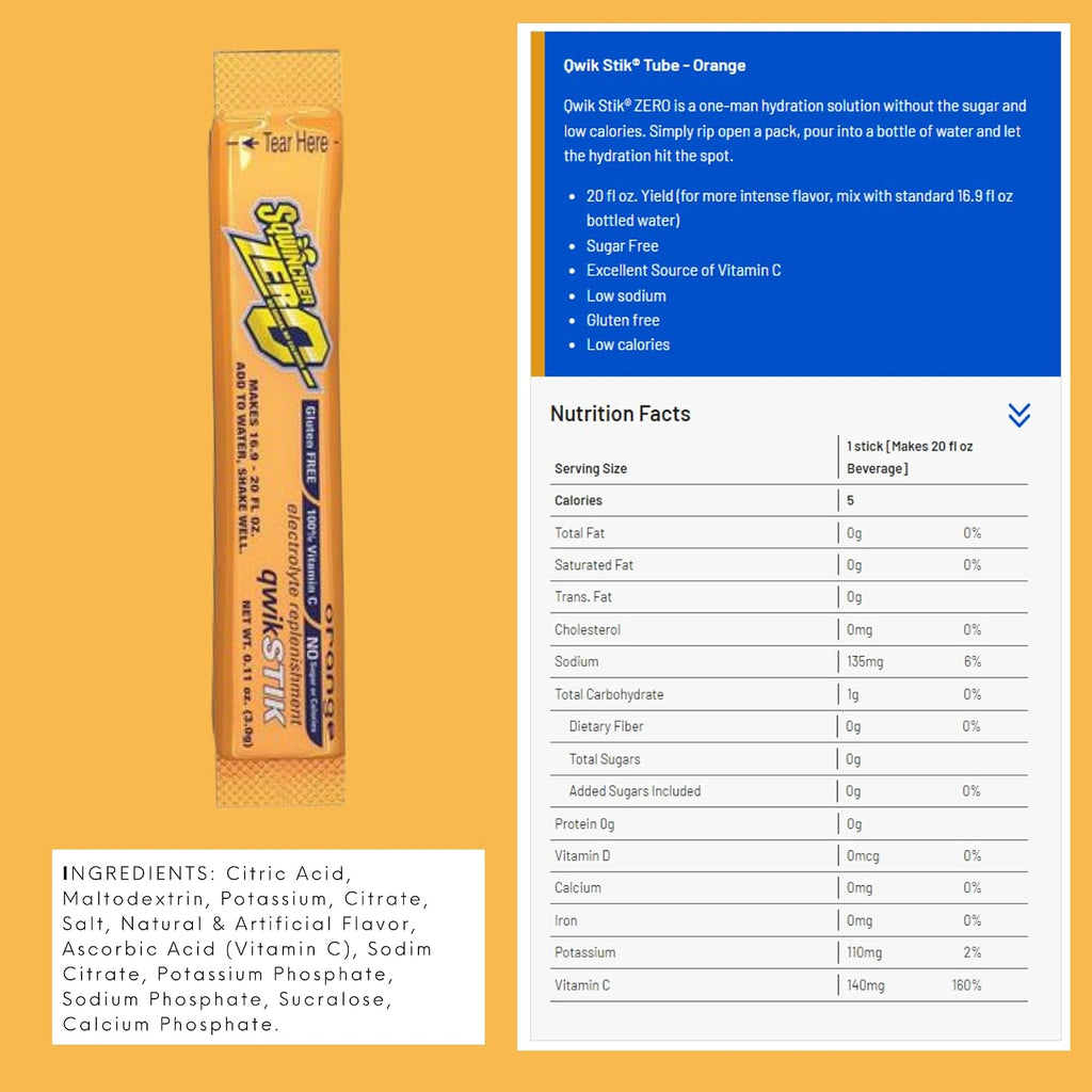 Sqwincher Zero Qwik Stik - Single Serve, Sugar Free, Low Calorie, Low Sodium Electrolyte Replacement Powder Hydration Drink Mix, 0.11 oz Packet | ORANGE - Pack of 120