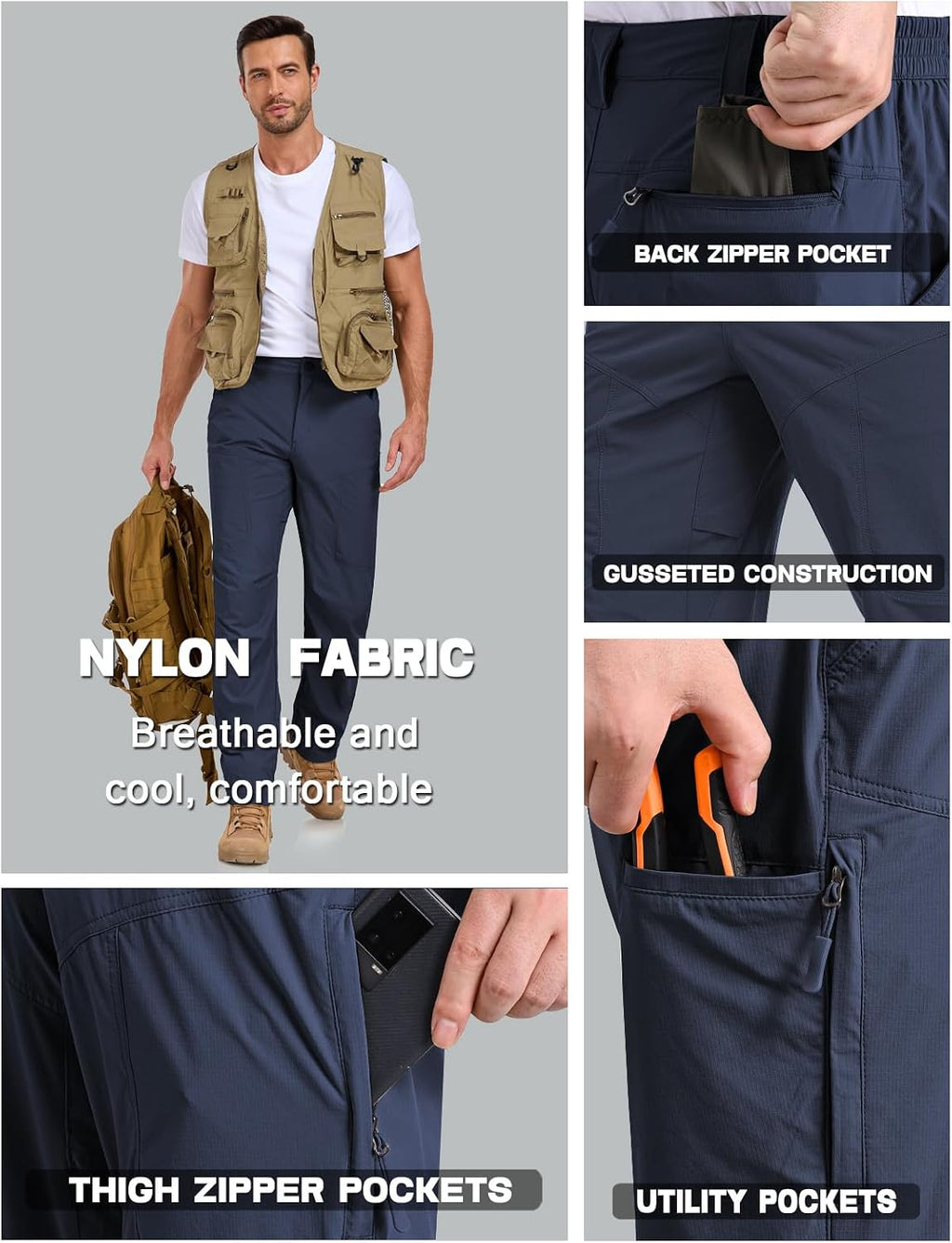 SPOSULEI Mens Lightweight Cargo Hiking Outdoor Quick Dry Work Tactical Pants 6 Pockets Water Resistant Fishing Travel Pants