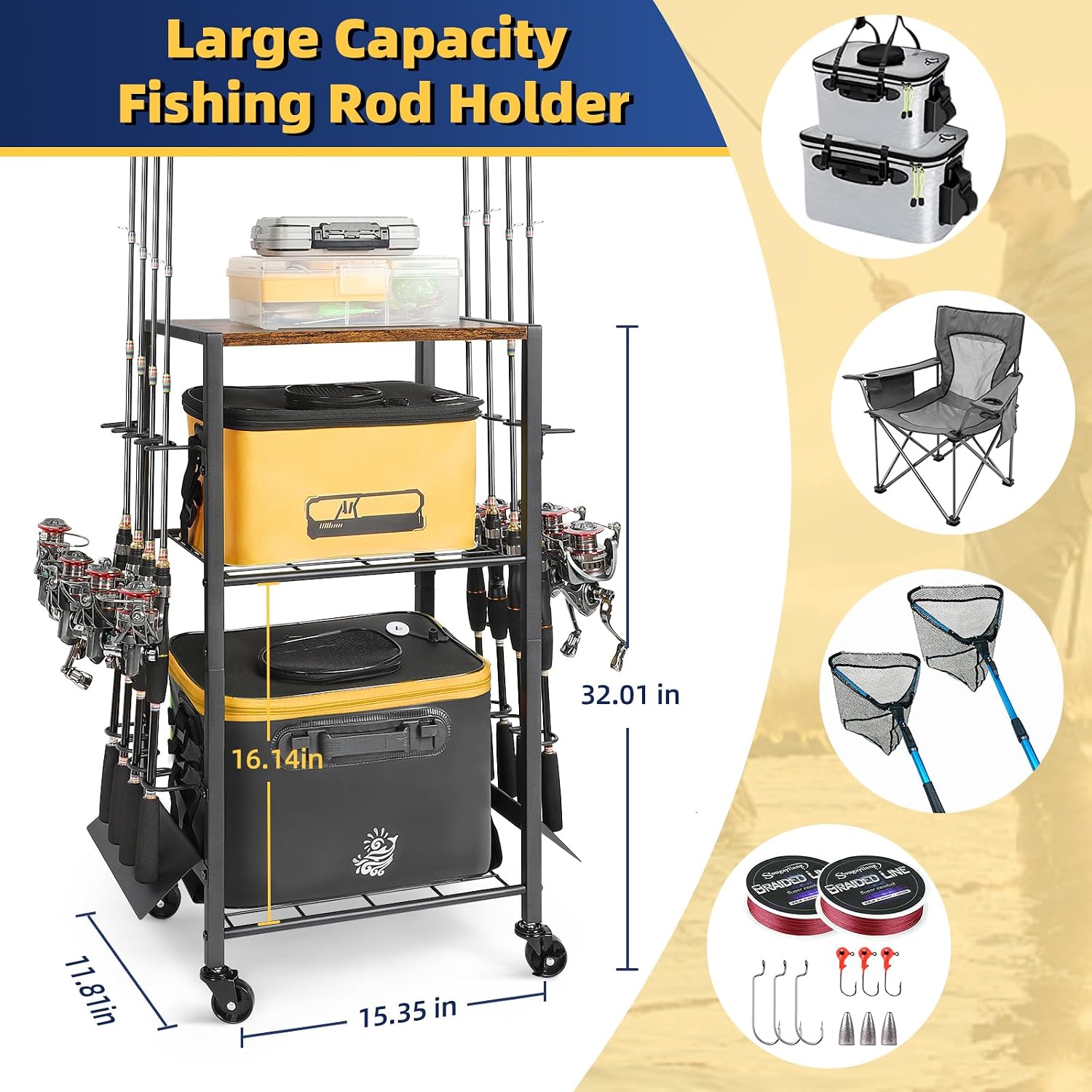 Olakee Fishing Rod Holders, Rolling Fishing Rod Rack for Garage & Boat, Tackle Box & Reel Holder Cart, Easy Assembly Fishing Gear Management System, Ideal Birthday Gift for Men Dad Anglers