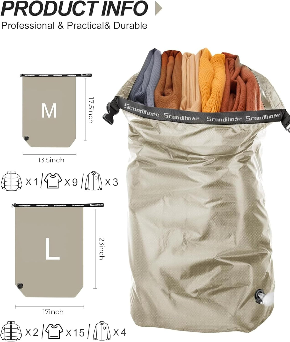Travel Laundry Bag, Pump-Free Vacuum Compression Dirty Clothes Bag for Suitcases, Medium Waterproof Wet Dry Bag, Space Saver Reusable Laundry Bag for Cruise Essentials, Road Trip & Dorm, Grey