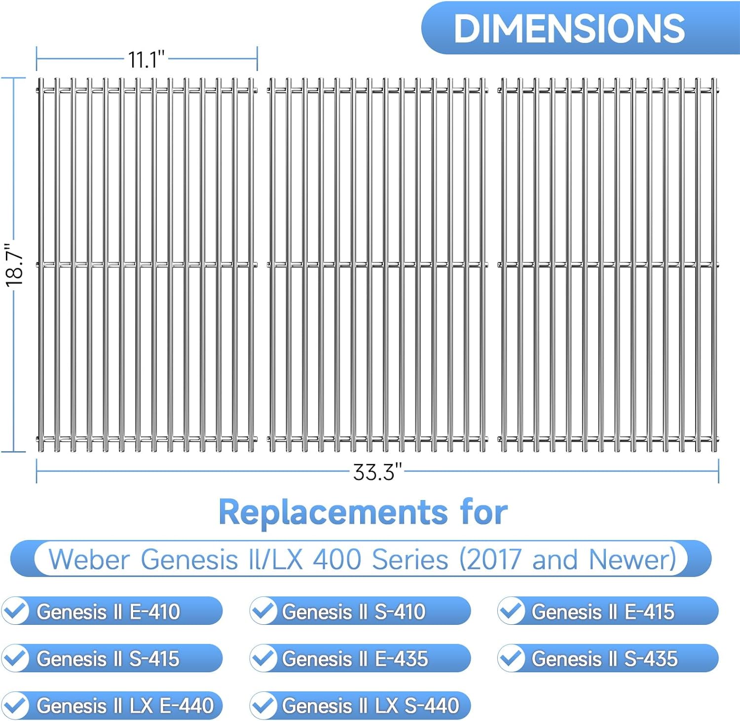 3pcs Stainless Steel Grill Grates for Weber, 18.7'' x 33.3''