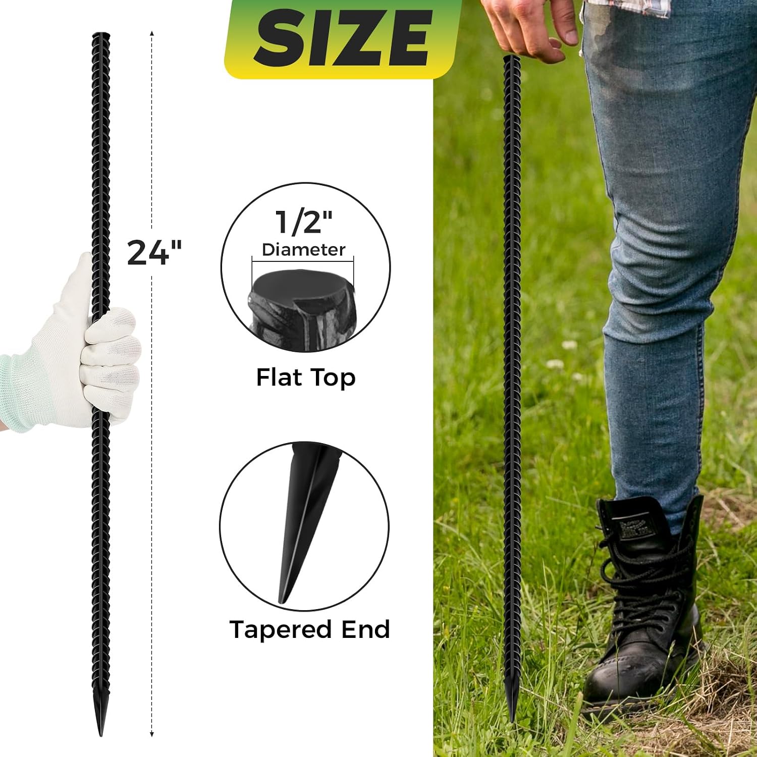Homwin 24 inches Straight Rebar Stakes 18-Pack Ground Stake Heavy Duty Metal Steel Spikes for Gardening, Concrete Forming and Camping Tent