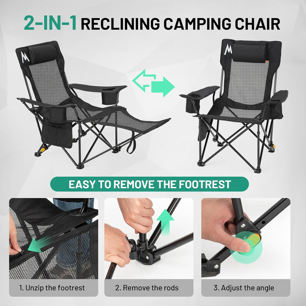 Overmont Reclining Camping Chair with Footrest - 4-Position Adjustable