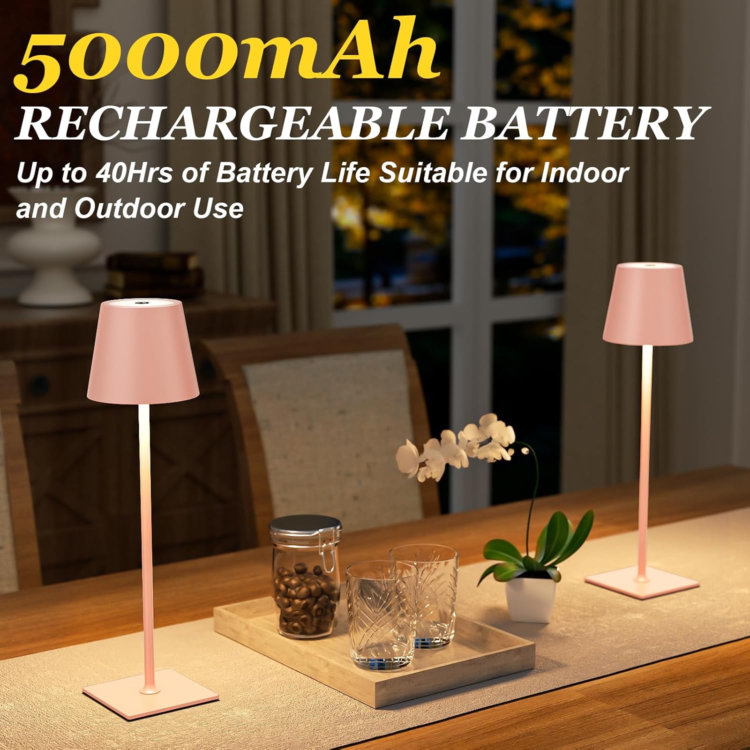 Kakanuo Pink Cordless Rechargeable Table Lamp 5000mAh Battery Operated Lamps, 3 Colors Stepless Dimming Touch Lamp for Living Room, Kitchen Counter, Dining, Outdoor Patio, 2 Pack