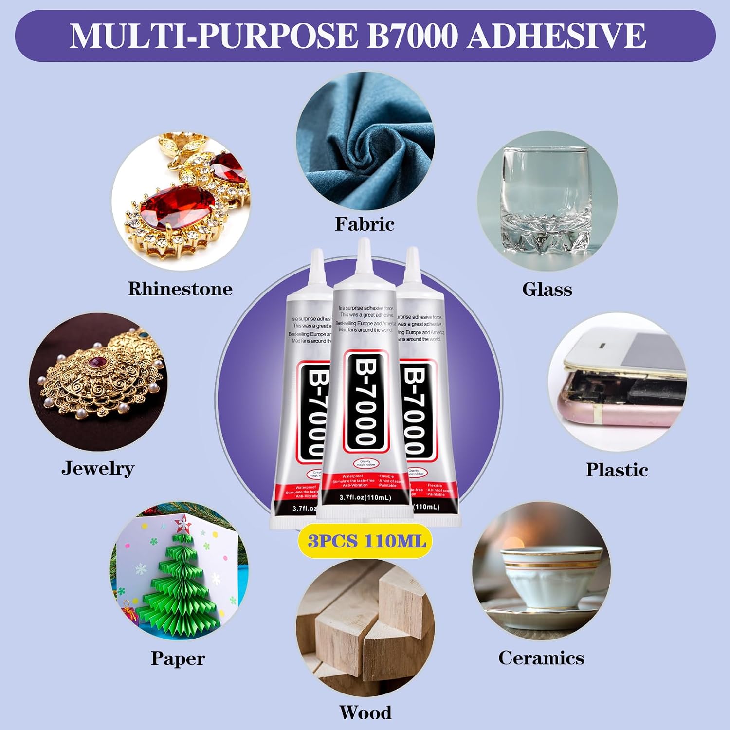 3.7oz B7000 Rhinestone Clear Glue for Jewelry Making, 110 ml Multipurpose Adhesive Jewlery Glue for Fabric, Tumblers, Rhinestones DIY Crafts, Nail Art, Makeup, Shoes, Cell Phones, Tablet, Wood