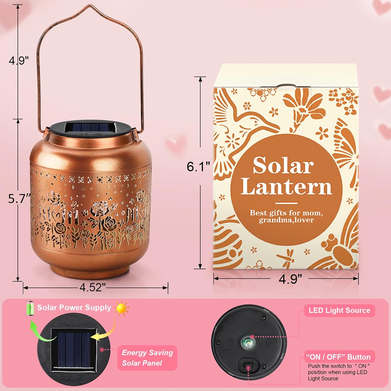 Mothers Day Gifts Solar Lanterns Rose Flowers Garden Decor Birthday Gifts for Women Mom Grandma Hanging Solar Lights Outdoor Waterproof Decoration for Outside LED Lanterns for Yard Patio Lawn