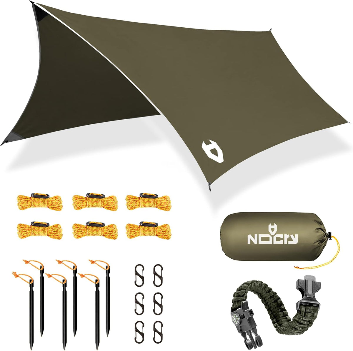 Rain Fly 12x10 Lightweight Survival Camping Tarp; 100% Waterproof; Makes a Great Backpacking Tarp or Hammock Shelter; Comes in Multiple Colors, Survival Bracelet Included; OD-Green