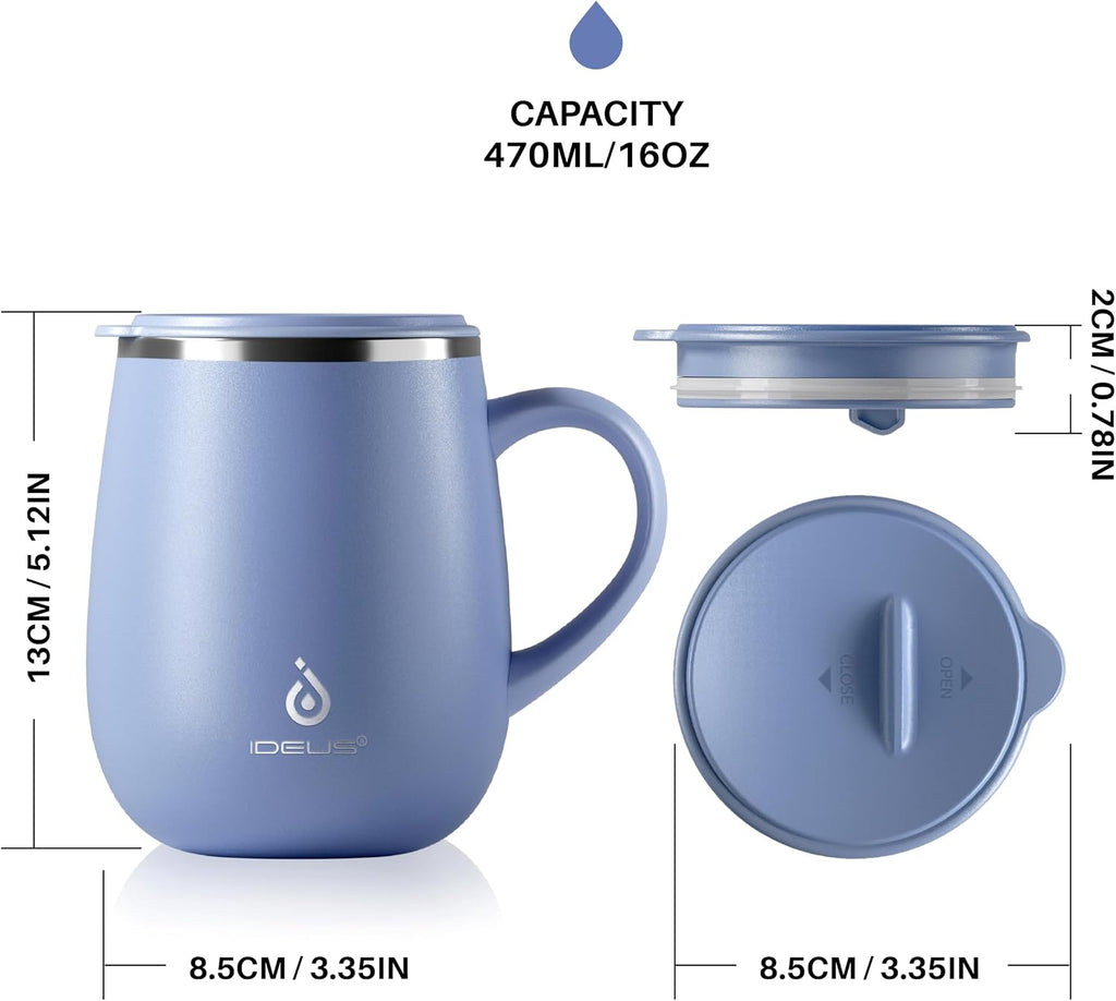 Ideus 16 oz Insulated Coffee Mug with Lid and Handle (Ocean Blue 2.0)