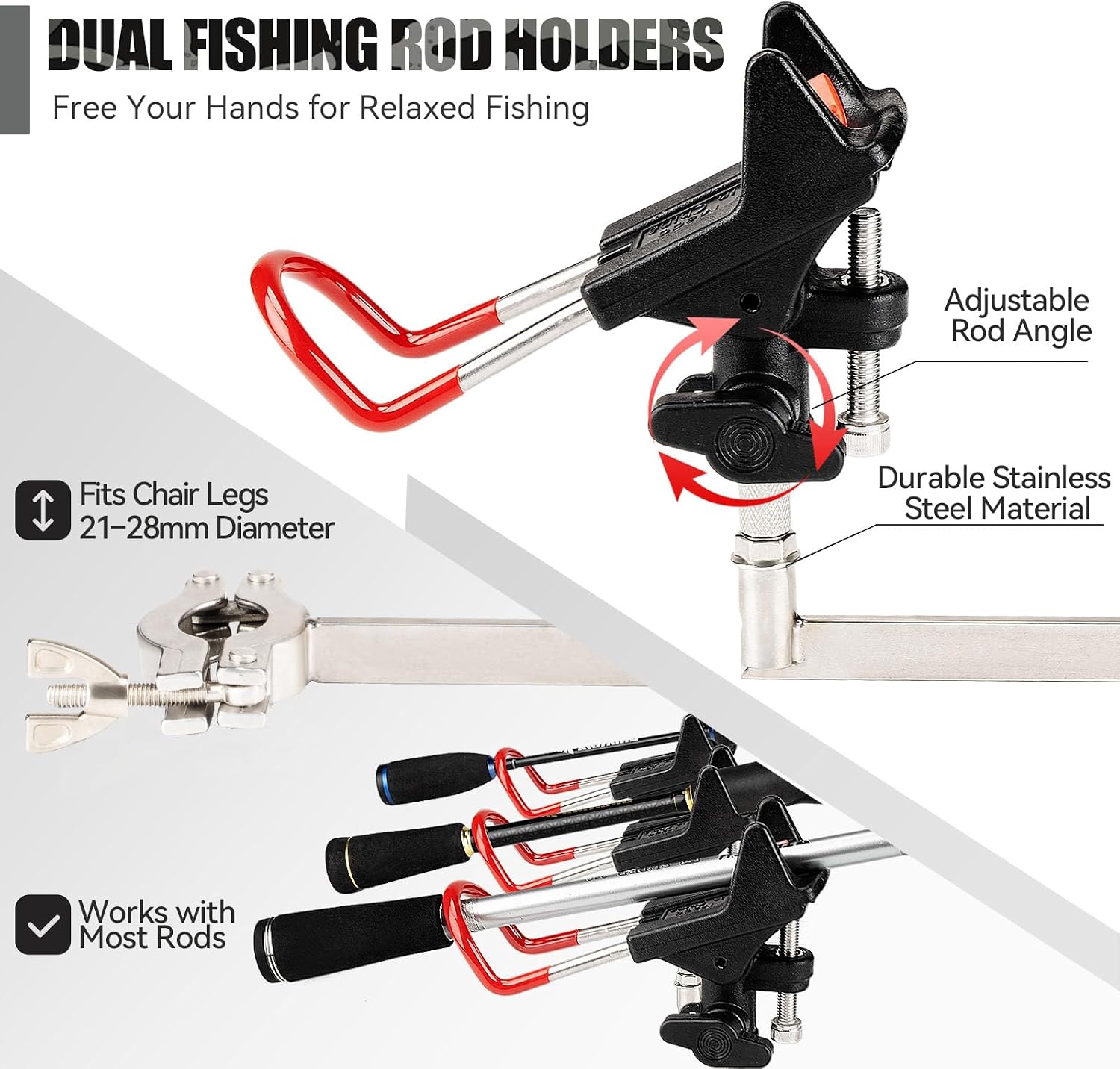 Padded Folding Fishing Chair with 2 Rod Holders for Adults Heavy Duty Adjustable Legs Outdoor Camping Chairs with Side Pocket Shoulder Strap Portable Ice Fishing Chair for Camp Lawn Patio