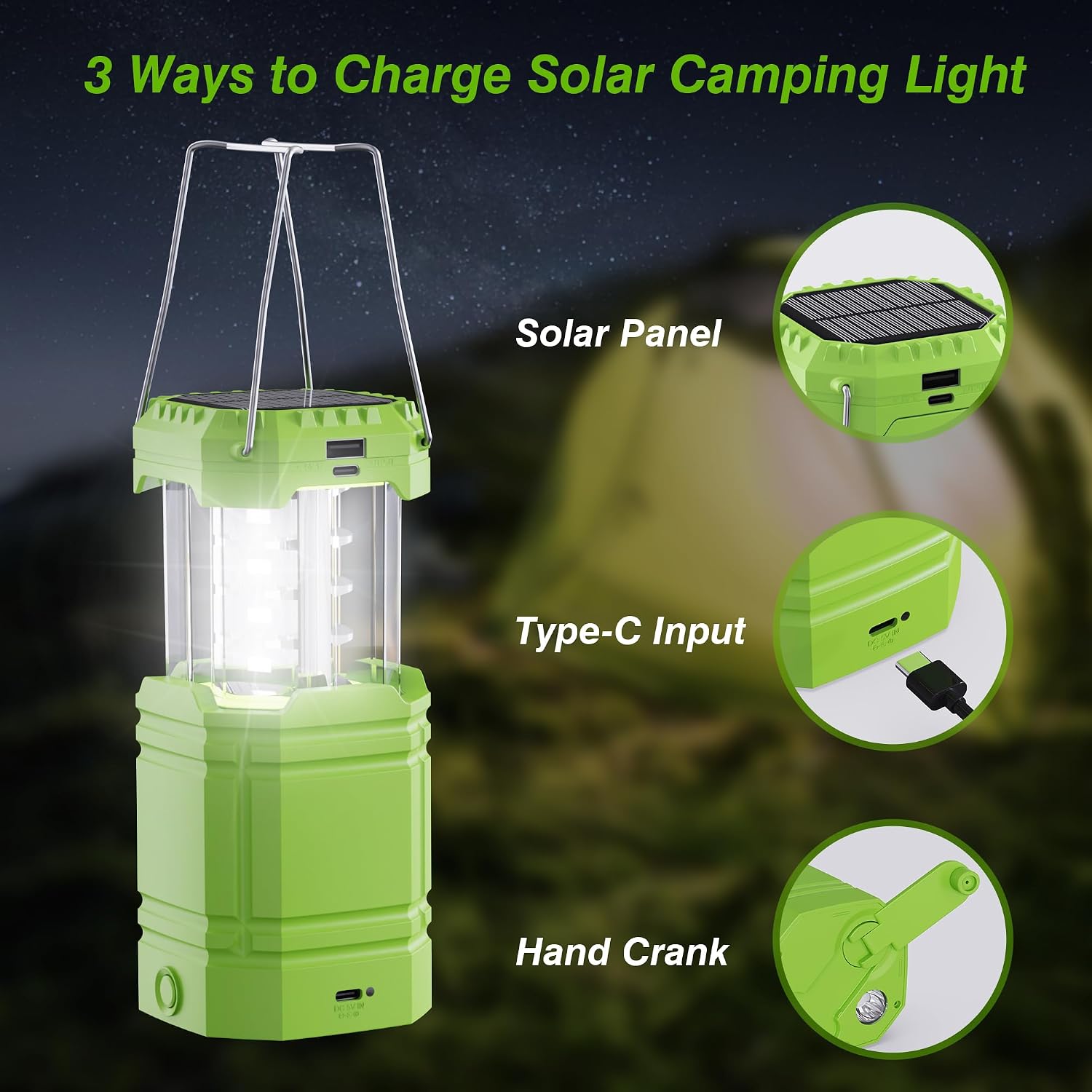 Electric Camping Lantern for Emergency, 3000mAh Solar Hand Crank Lantern