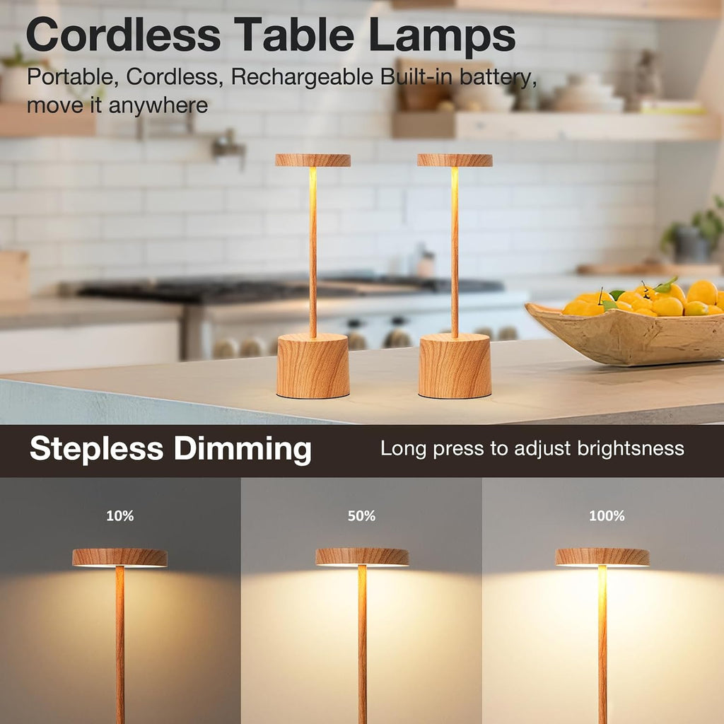 Kakanuo Wooden Rechargeable Cordless Lamp - Touch Control, 3 Color Temperature, LED Outdoor Wireless Lamp, Battery Operated Lamps, Stepless Dimmable, Set of 2