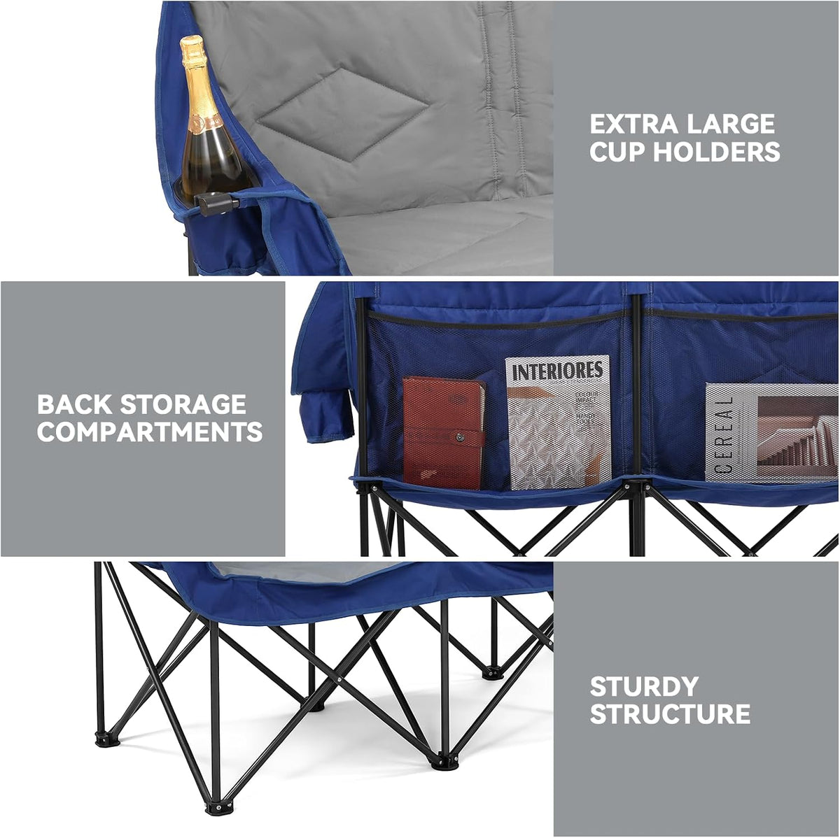 Oversized Double Camping Chairs for Adults, 2 Person Camping Chair, Blue