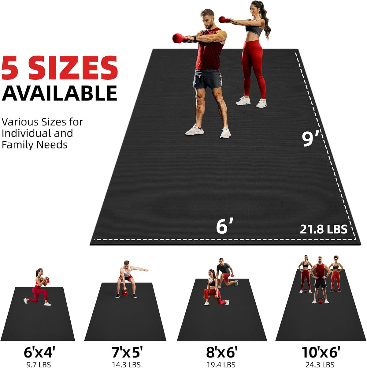 GymCope Extra Large Exercise Mat 10'x6'/9'x6'/8'x6'/7'x5'/6'x4' (8mm)