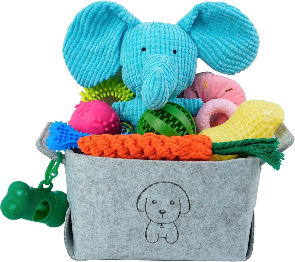 MRSOHRET 20Pcs Puppy Chew Toys for Teething, Dog Chew Toys with Rope Toy, Pet Dog Toothbrush, Treat Balls, Plush Toys and Squeaky Toys for Small Medium Dogs with Basket to Keep Them Busy