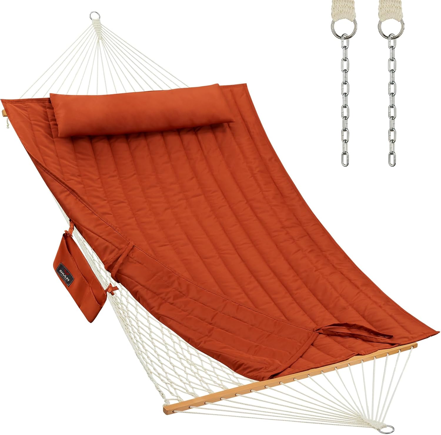 CHULIM Outdoor Double Hammock with Hardwood Spreader Bars, Large Rope Hammock with Polyester Pad and Pillow, 475 LBS Capacity for 2 Person Patio Backyard Poolside - Terracotta