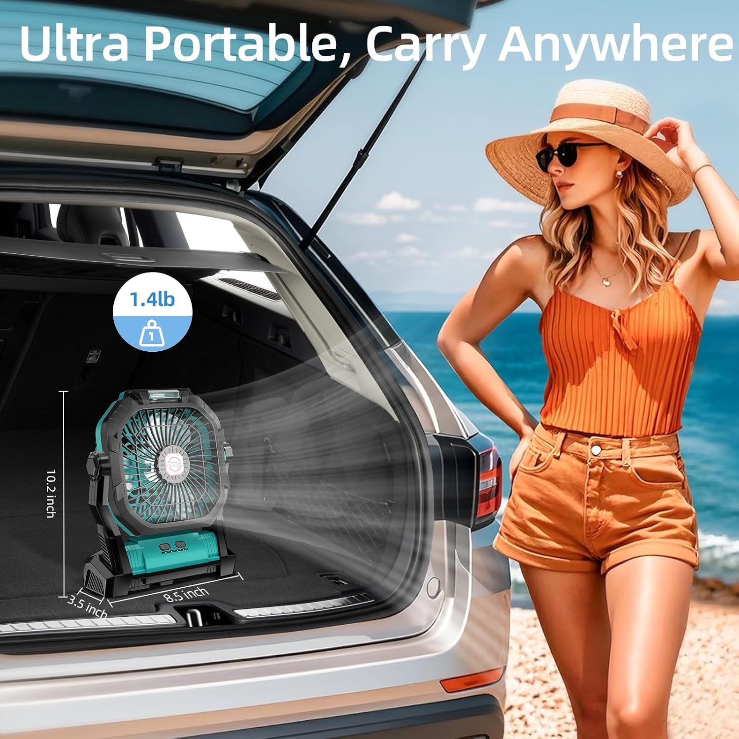 Camping Fan Rechargeable, 20000mAh Battery Powered Portable Fan with LED Light, 4-Speed 180° Adjustable, Camping Essentials for Tent, Travel, Car, Outdoor, Indoor, BBQ, Fishing, Jobsite - Blue