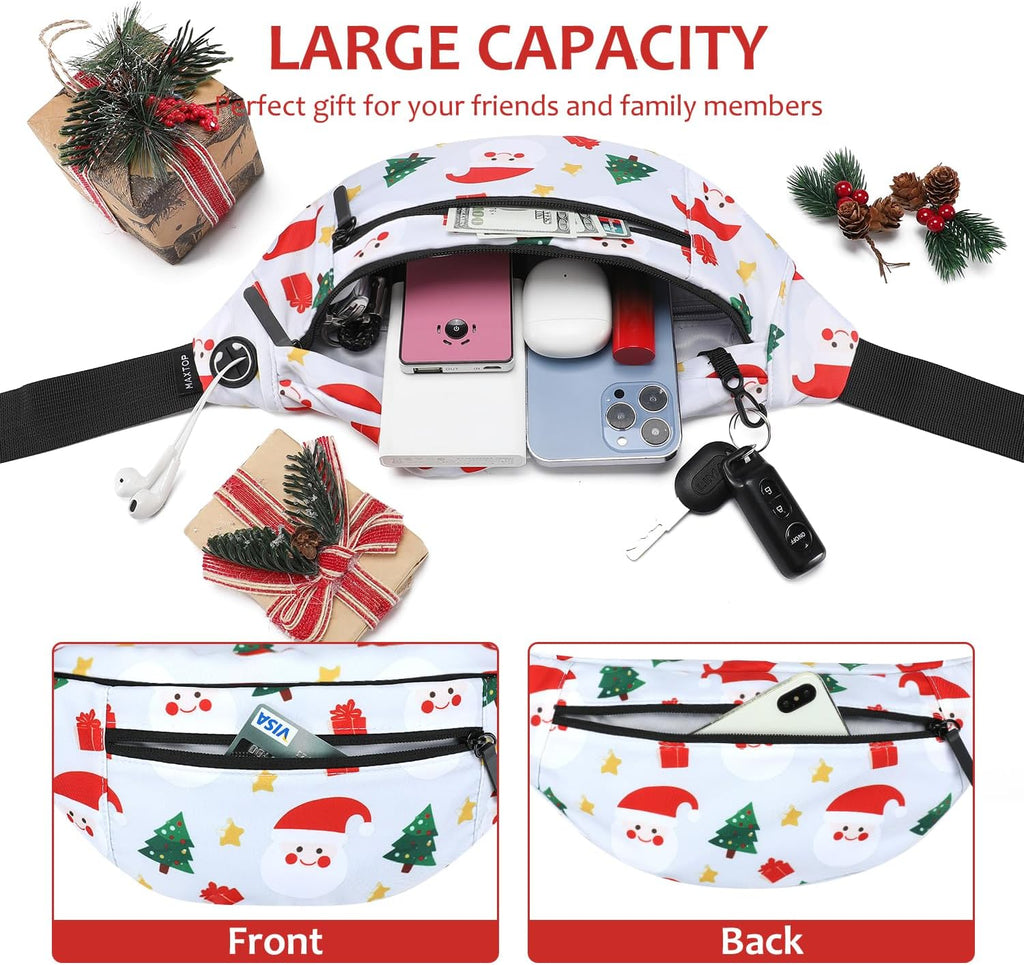 MAXTOP Large White Christmas Fanny Pack with 4-Zipper Pockets, Christmas Gifts for Enjoy Festival Sports Workout Traveling Running Casual Hands-Free Waist Pack Crossbody Phone Bag Carrying All Phones