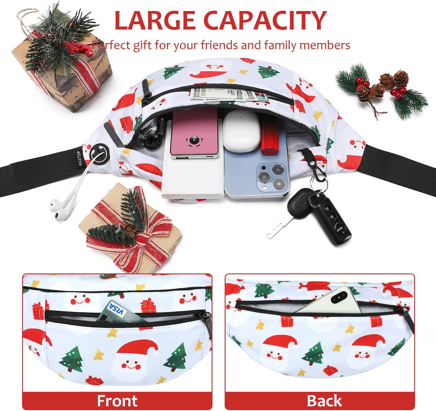 MAXTOP Large White Christmas Fanny Pack with 4-Zipper Pockets, Christmas Gifts for Enjoy Festival Sports Workout Traveling Running Casual Hands-Free Waist Pack Crossbody Phone Bag Carrying All Phones