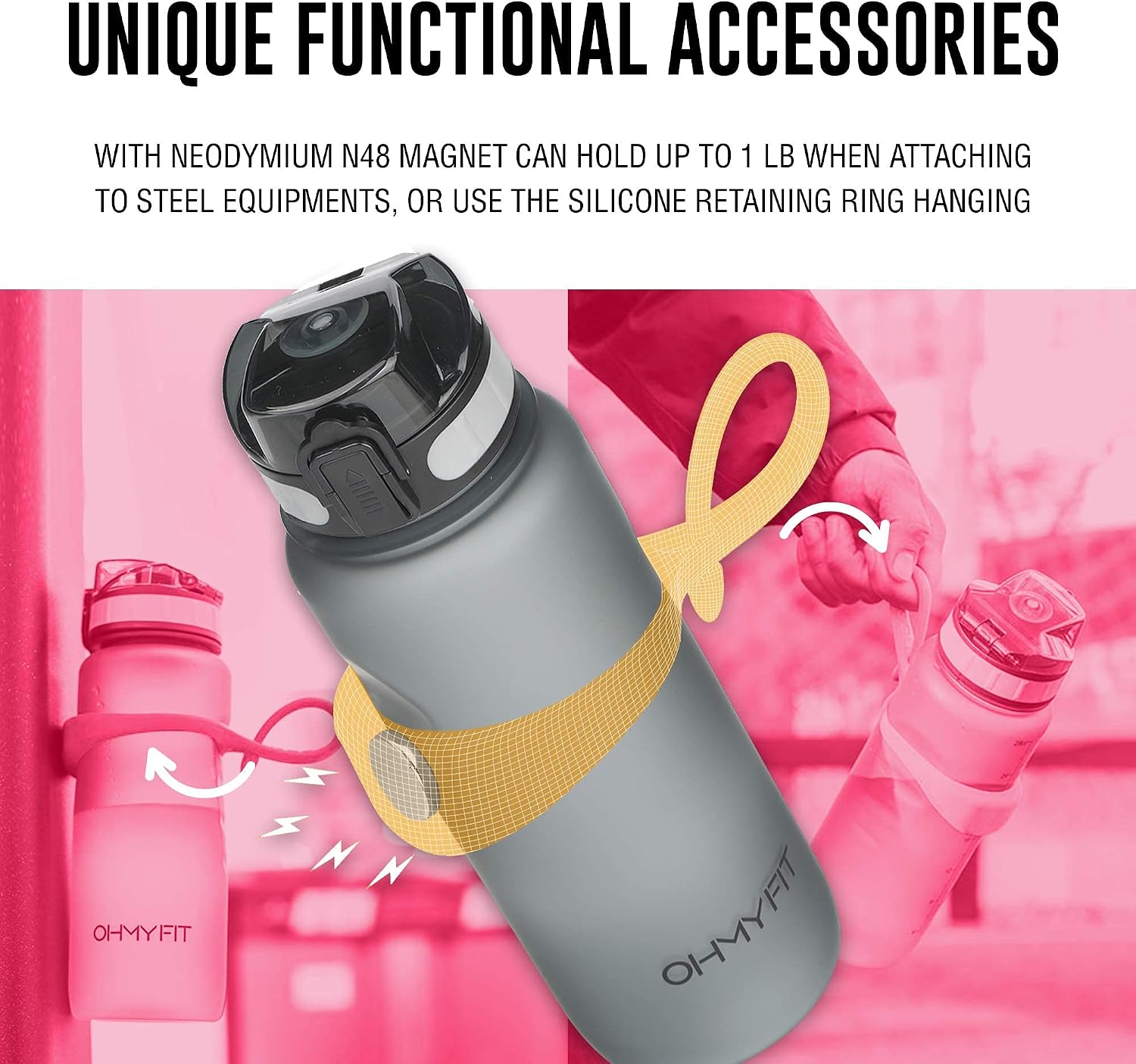 Tritan Sports Water Bottle with Magnetic Silicone Carry Strap & One Click Open Cap - Magnetic Drink Holder for Metal Equipment - Bottle w/Straps for Backpack, Belt & More (18oz, Fuschia)