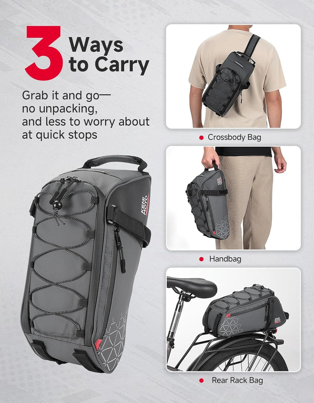 KEMIMOTO Rear Bike Rack Bag - 8L PVC Water Resistant Ebike Bags for Bicycle
