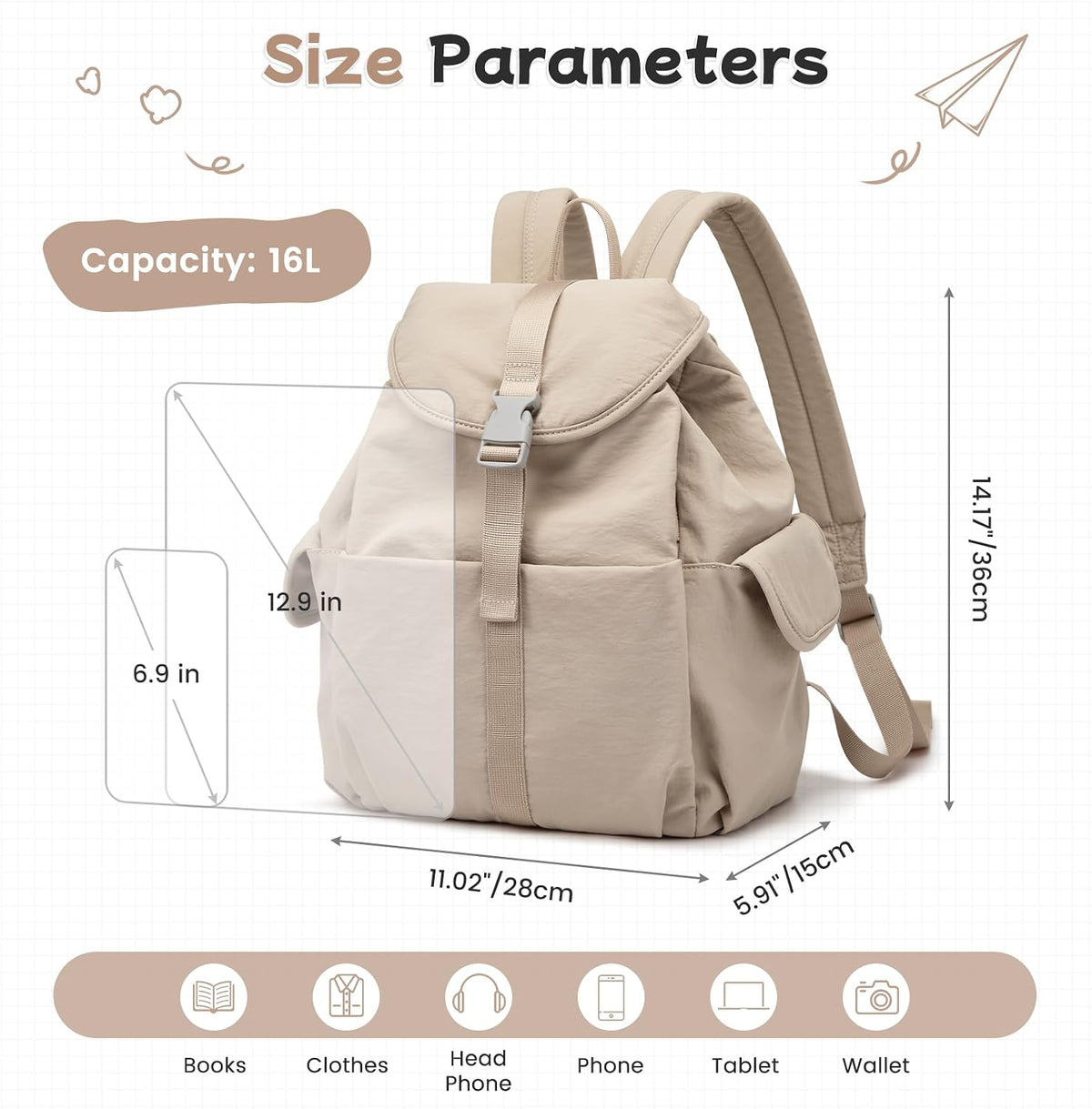 G4Free Small Backpack for Women, Nylon Casual Daypack for Work Travel Campus, Khaki