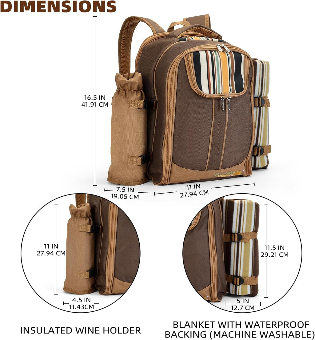 Picnic Backpack, 2-Person with Blanket & Wine, Family & Lovers Gift, Brown