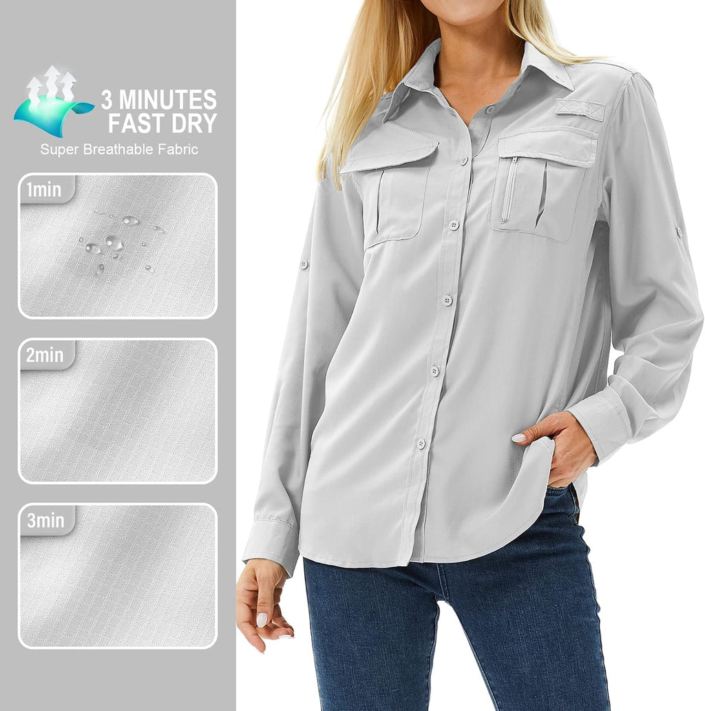 Women's UPF 50 Long Sleeve Sun Protection Safari Fish Hiking Shirts