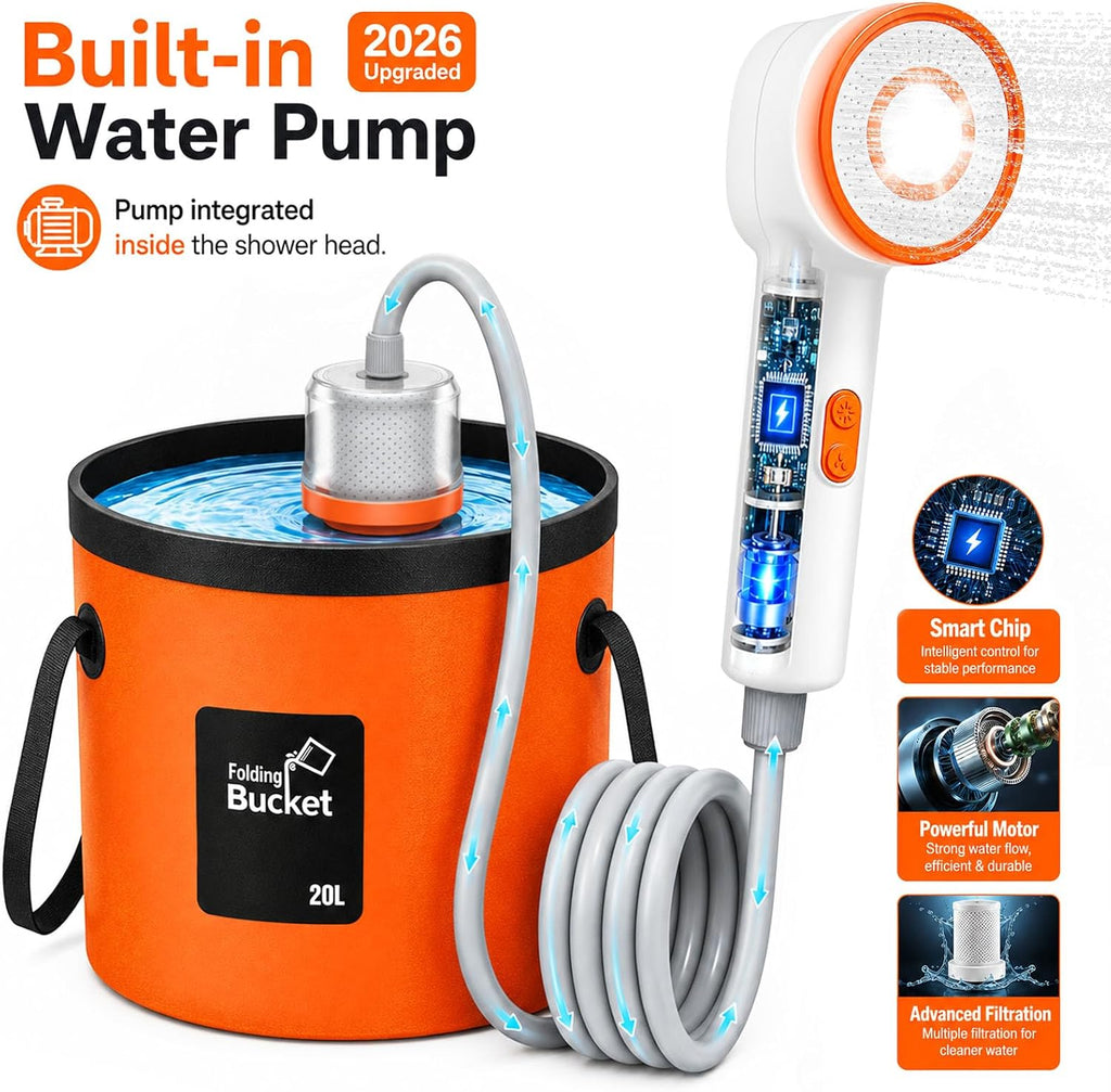 [2026 Upgraded Built-in Water Pump] Rechargeable Filtered Shower Head, Portable Camping Shower with Foldable Bucket, LED Light Camp Shower for Car Wash, Pet Bathing, Outdoor Travel & Watering Plants