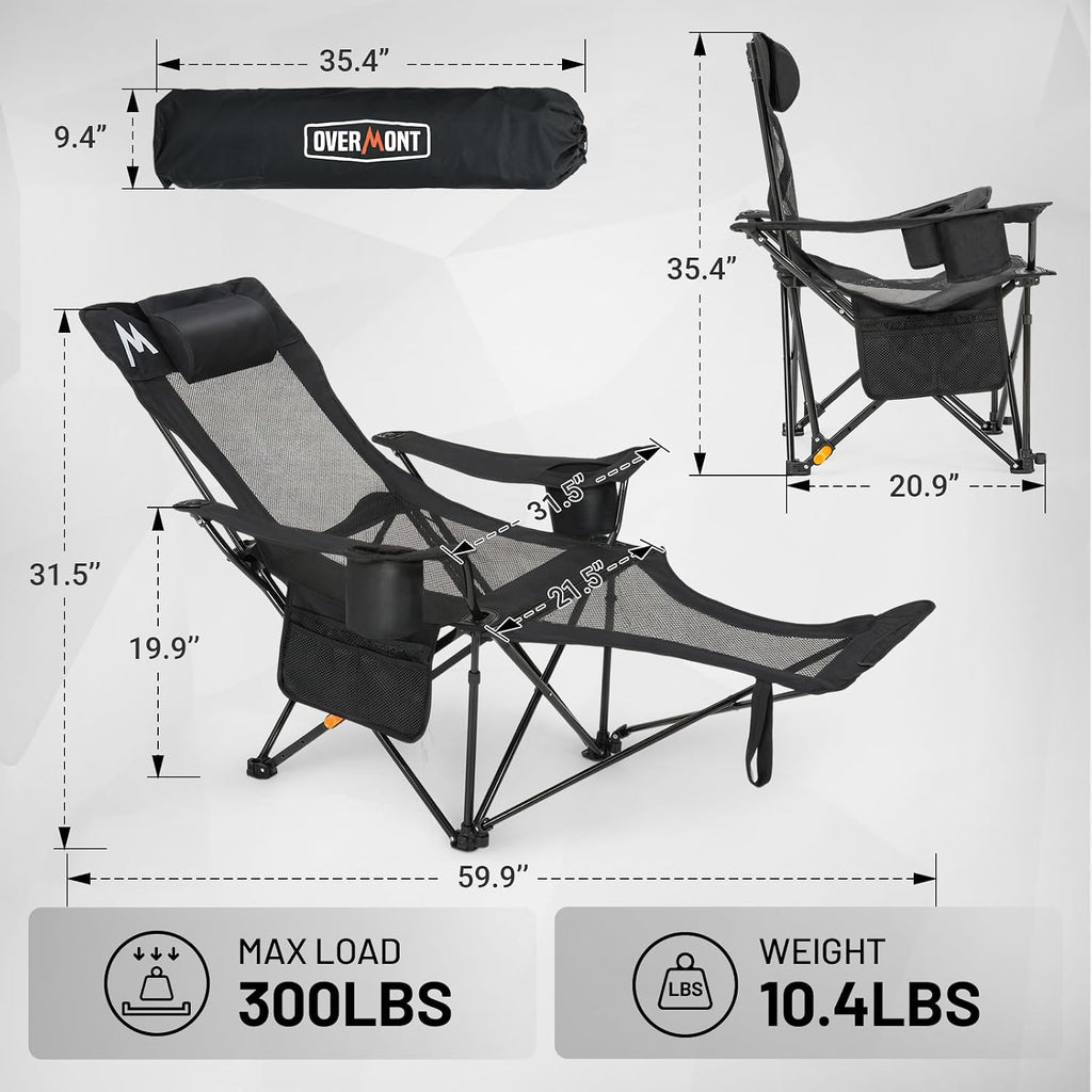 Overmont Reclining Camping Chair with Footrest - 4-Position Adjustable