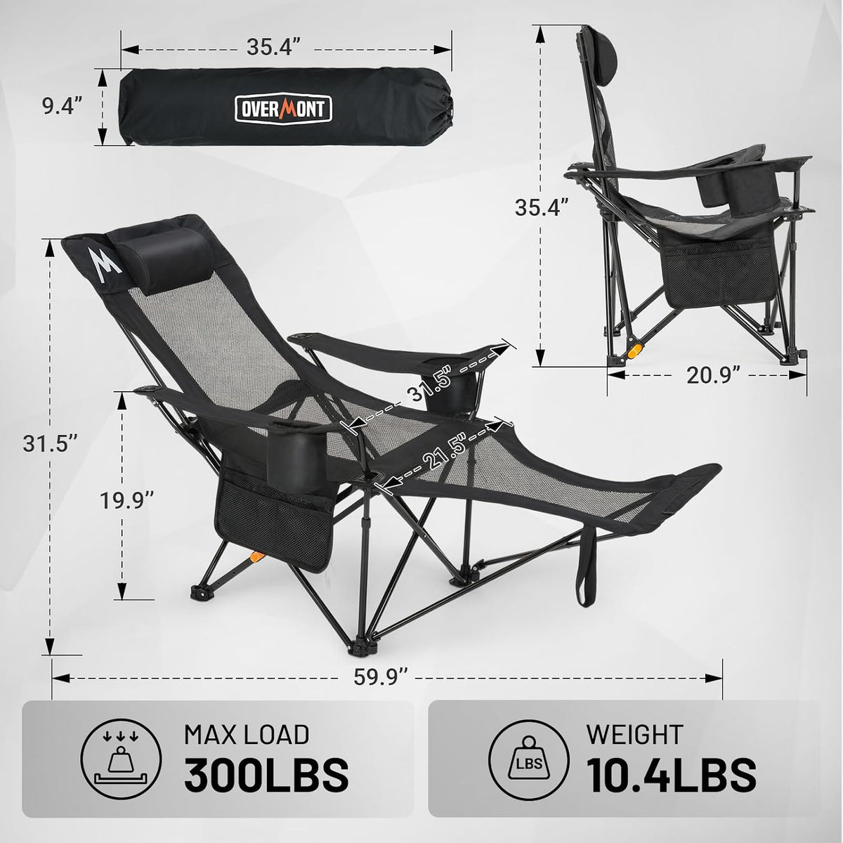 Overmont Reclining Camping Chair with Footrest - 4-Position Adjustable