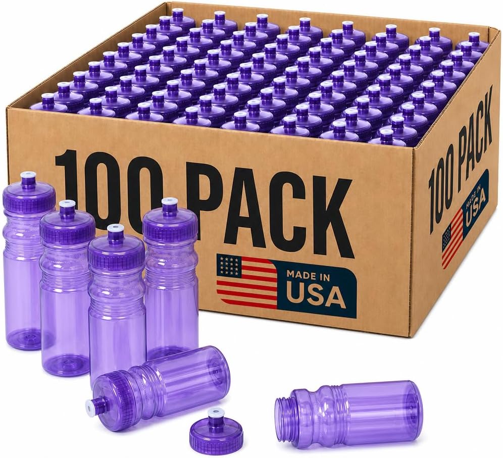 Rolling Sands Reusable Bulk Water Bottles 100 Pack - 24 Oz Sports Water Bottles, USA Made, BPA-Free, Wide Mouth for Easy Cleaning, Break Resistant - Translucent Purple Bottle/Purple Lid
