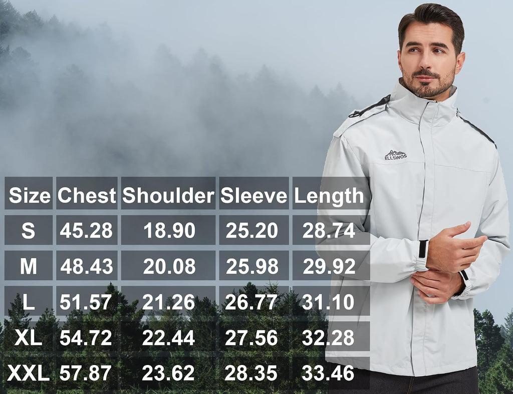 ELLSWOS Men's Lightweight Waterproof Rain Jacket with Detachable Hood
