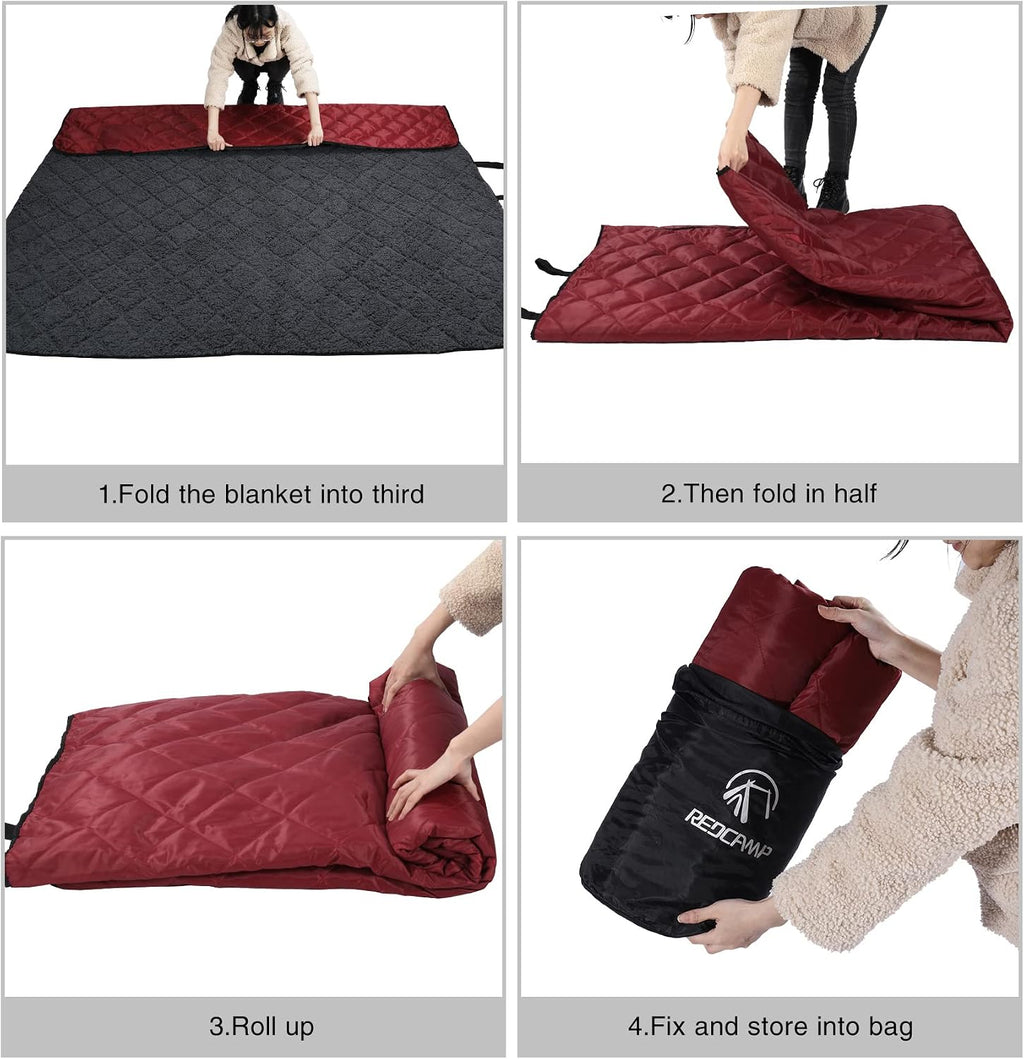 REDCAMP Large Camping Blanket with Sherpa Lining, Wine Red 79"x59"