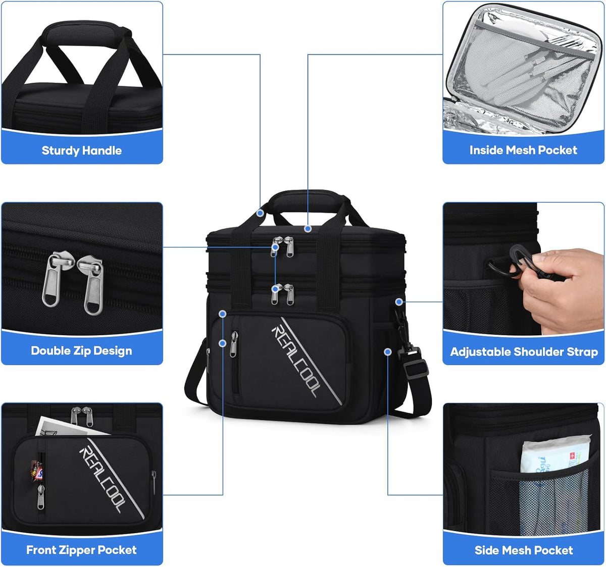 RealCool Insulated Lunch Bag, Portable Double Deck Lunch Box for Men Women