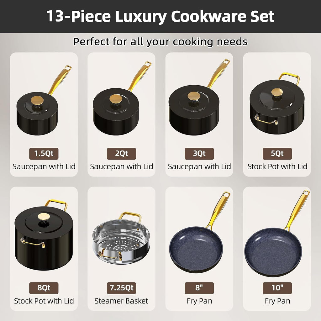 Nuwave Lux LE 13Pc Ceramic Cookware Set with Elegant Gold Handle, PFAS Free