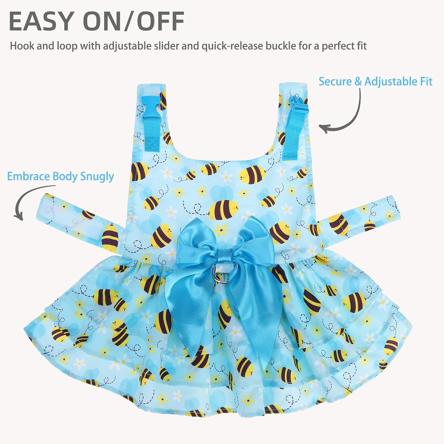 PUPTECK Summer Dog Dress with Bow and Leash Ring, Blue Yellow Bee M