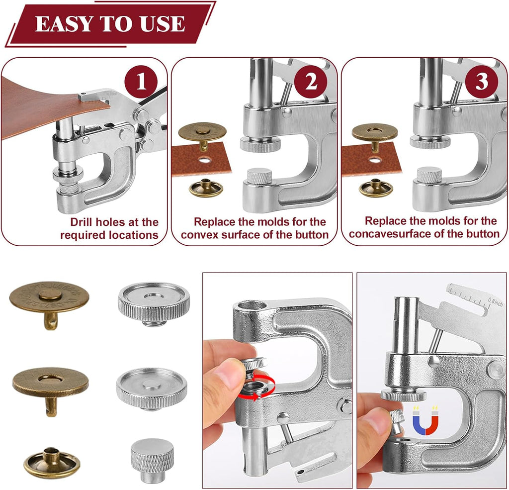160 Set Rivets for Leather Crafting and 20 Set Magnetic Buttons, 4 Colors 10 MM Double Cap Rivets & 18 MM Magnetic Snaps for Purses and Totes with Snap Fasteners Tool, for Leather, Boots, Belt