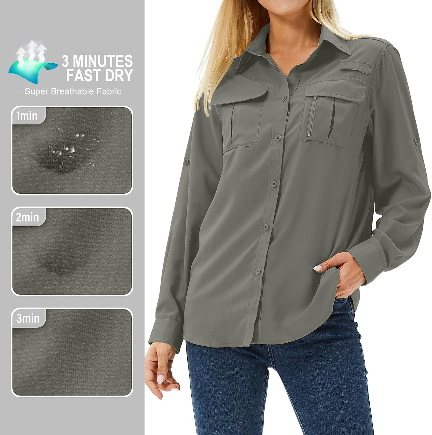 Women's UPF 50 Long Sleeve Sun Protection Safari Fish Hiking Shirts