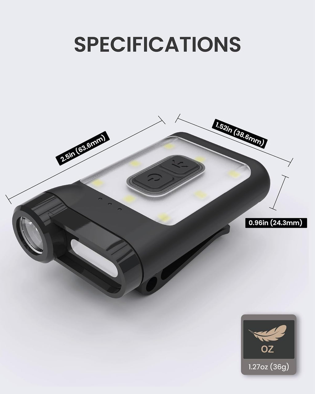Claymore Capon 65A+ Black Ultra-Light Clip-On Cap Light – USB-C Rechargeable 230LM LED Compact Headlamp | 3 Modes IP54 Water-Resistant Up to 19 Hrs Runtime for Camping, Running, Outdoor