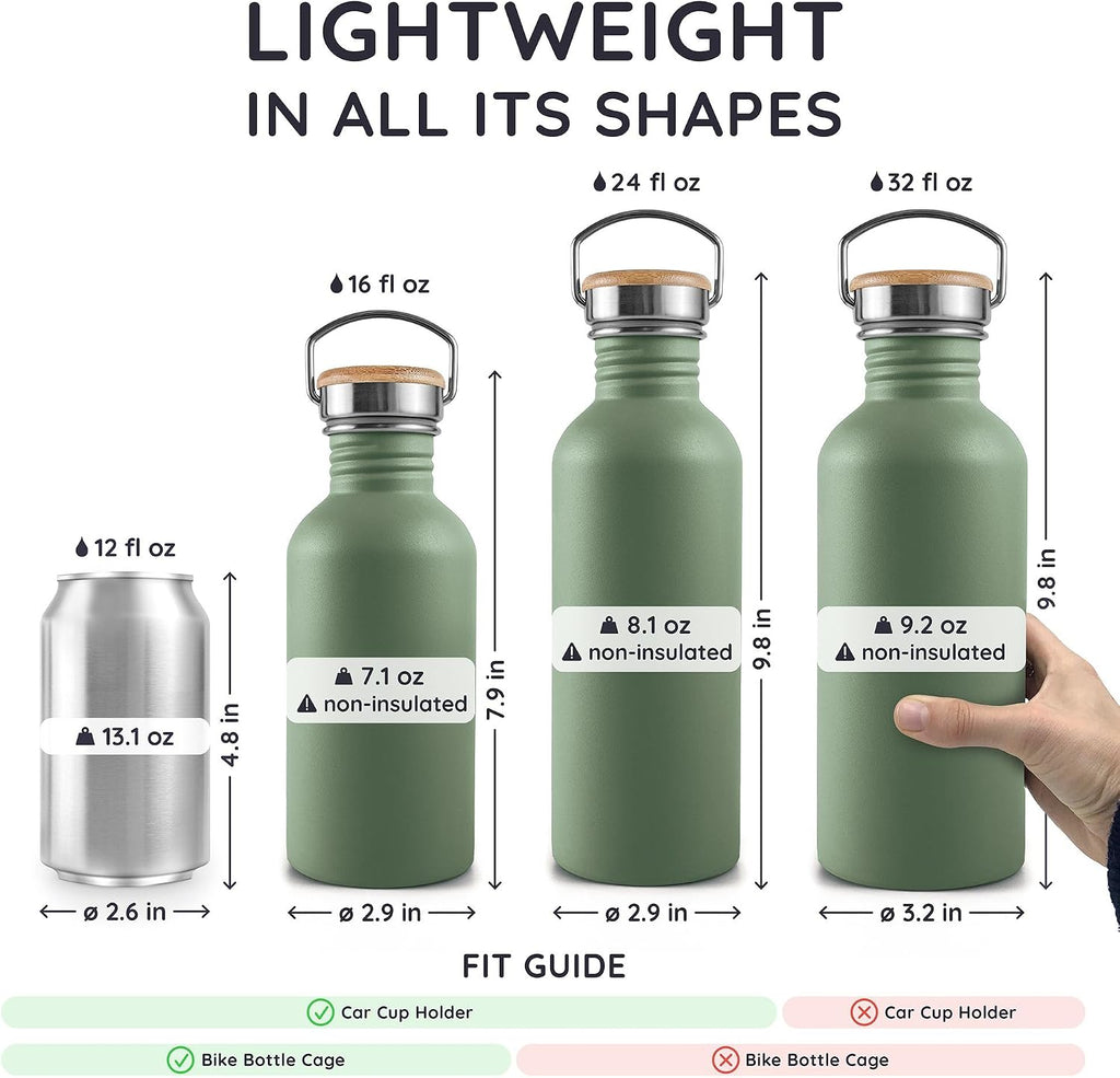 Bambaw Stainless Steel Water Bottle - Non-Insulated, Reusable Metal Sports Bottle, Sage Green/Grey