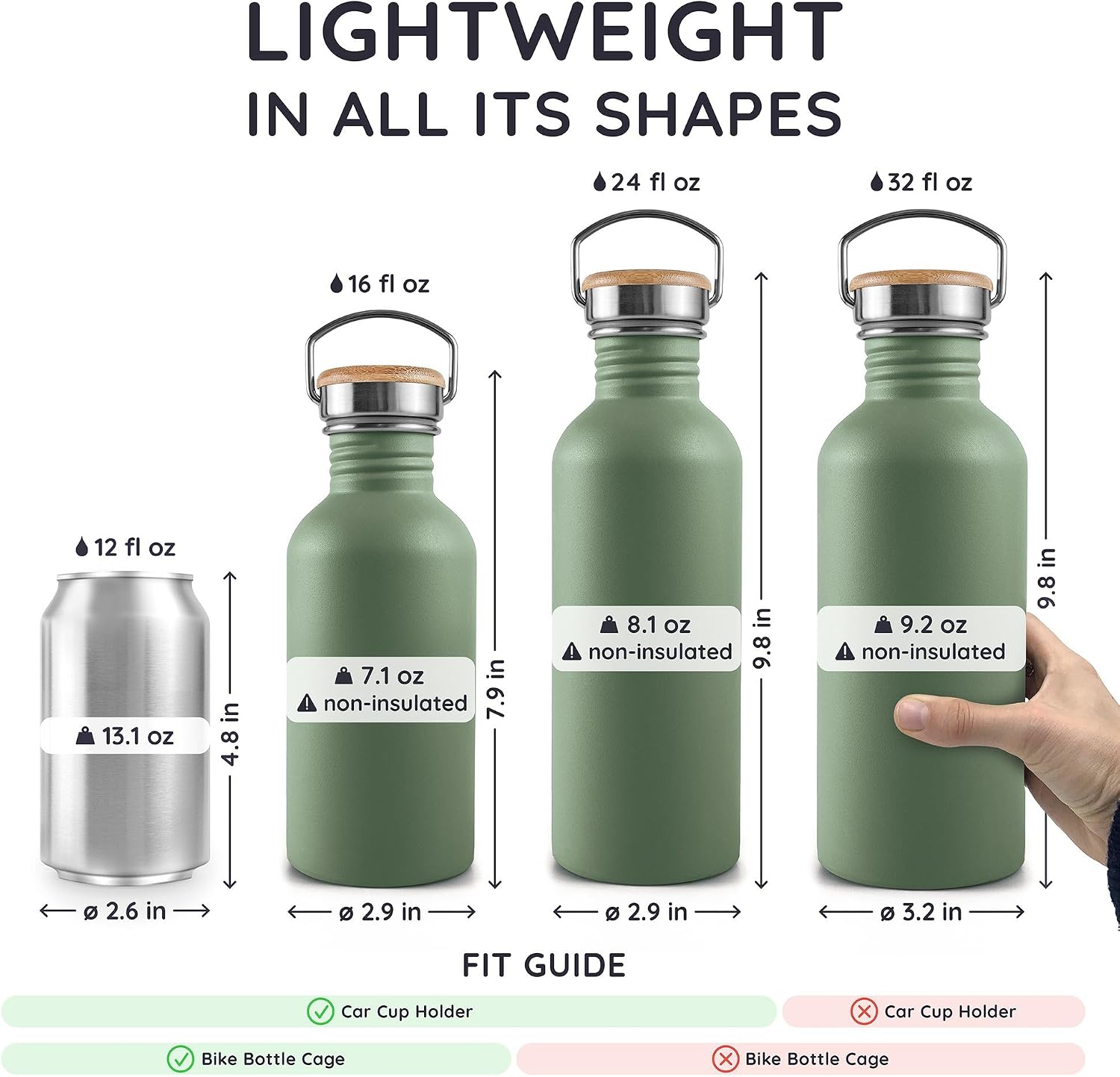 Bambaw Stainless Steel Water Bottle - Non-Insulated, Reusable Metal Sports Bottle, Sage Green/Grey
